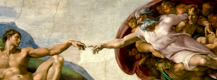 God creating Adam by Michelangelo on the ceiling of the Sistine Chapel